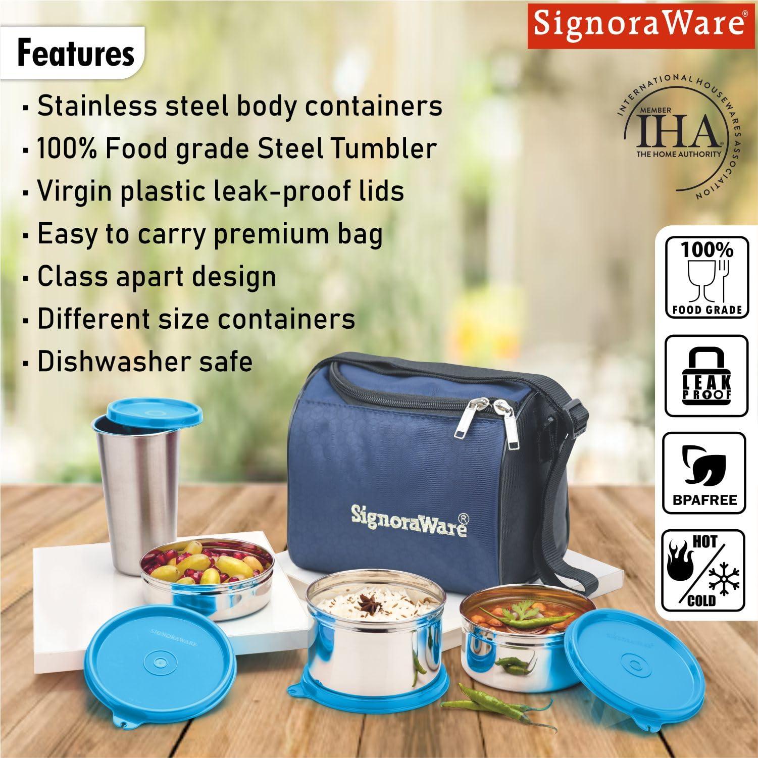 SIGNORA WARE Signoraware Best Stainless-Steel Lunch Box Set 4 with Bag | Stainless-Steel Leak-Proof Containers | Full Meal Boxes (Container Size 350mlx1 | 500mlx1 | 200mlx1 & Glass Tumbler 370mlx1 | Colour Blue)