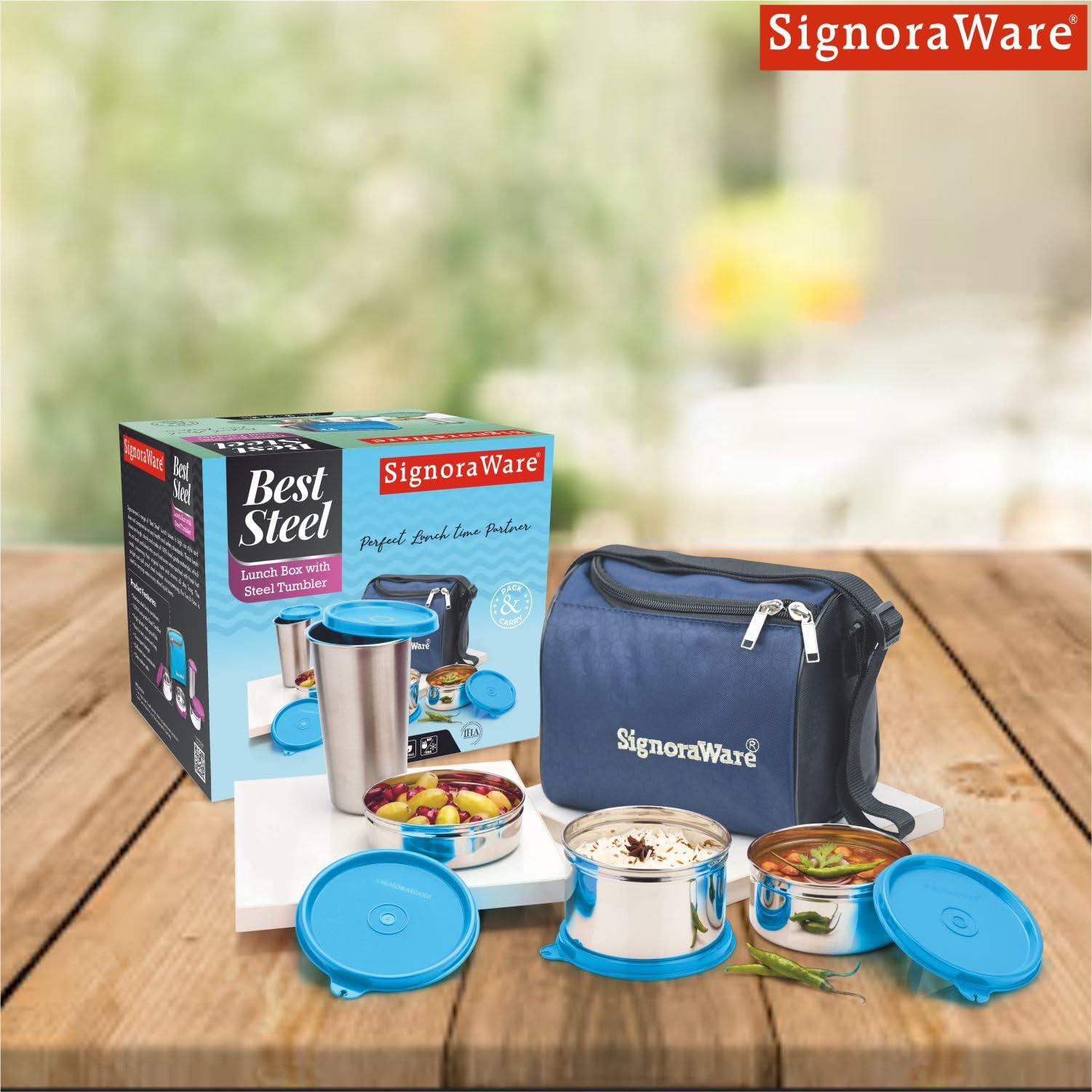 SIGNORA WARE Signoraware Best Stainless-Steel Lunch Box Set 4 with Bag | Stainless-Steel Leak-Proof Containers | Full Meal Boxes (Container Size 350mlx1 | 500mlx1 | 200mlx1 & Glass Tumbler 370mlx1 | Colour Blue)