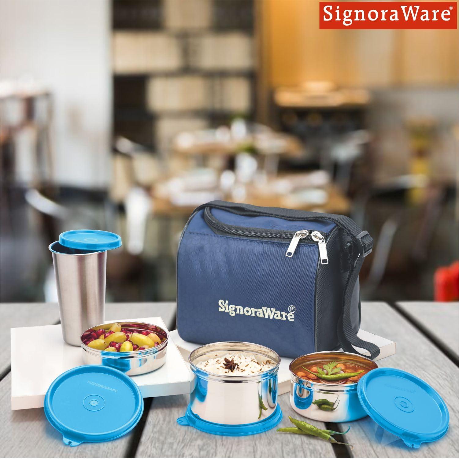 SIGNORA WARE Signoraware Best Stainless-Steel Lunch Box Set 4 with Bag | Stainless-Steel Leak-Proof Containers | Full Meal Boxes (Container Size 350mlx1 | 500mlx1 | 200mlx1 & Glass Tumbler 370mlx1 | Colour Blue)