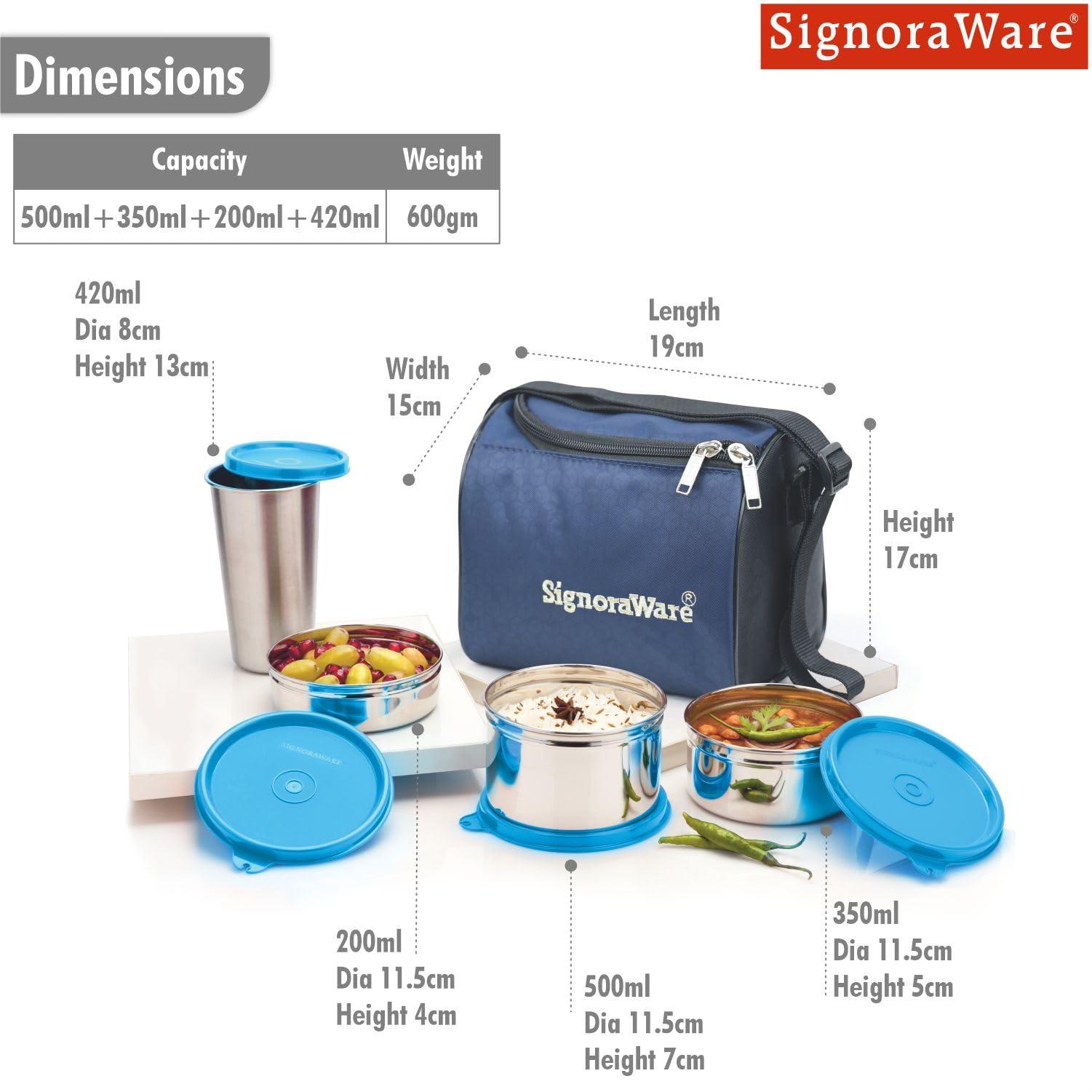 SIGNORA WARE Signoraware Best Stainless-Steel Lunch Box Set 4 with Bag | Stainless-Steel Leak-Proof Containers | Full Meal Boxes (Container Size 350mlx1 | 500mlx1 | 200mlx1 & Glass Tumbler 370mlx1 | Colour Blue)