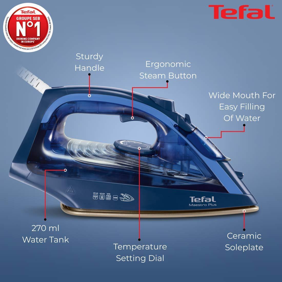Tefal Tefal Maestro Plus Steam Iron | No.1 Ironing Brand in Europe | 2200W | XL Ceramic Soleplate | Anti-Calc | 120g/min Boost | 35g/min Continuous Steam | Blue | 2-Year Warranty